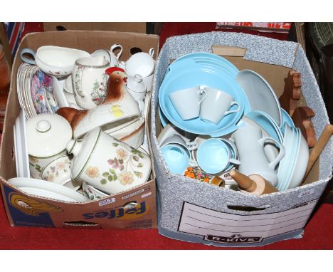 Two boxes of miscellaneous pottery old pancheon , Wedgwood/Poole dinnerwares.