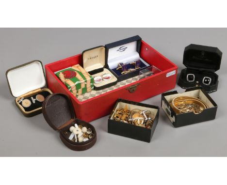 A group of cufflinks, shirt buttons etc including yellow metal vintage examples.