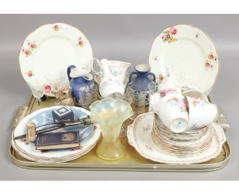 A tray of collectable Royal Worcester hand painted plates, Wedgwood, Minton, Edwardain sherry glasses, opalescent vase and Cr