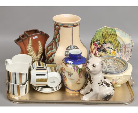 A tray of collectables to include large Royal Cauldron vase, Royal Winton, David Sharpe ceramic model of a cat, Midwinter par