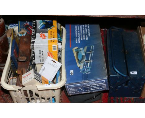 A large quantity of hand tools, cantilever box of engineering spanners, files, saws, along with a new mitre saw, craft knives