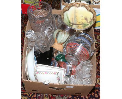 A box of glassware and ceramics Yorkshire etched decanter, large pedestal fruit bowl, 1960 lemonade set etc.