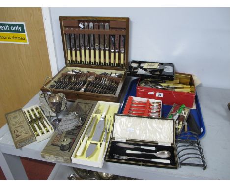 A Mixed Lot of Assorted Plated Cutlery, including wooden cased canteen decorative mother of pearl handled pickle fork / prese