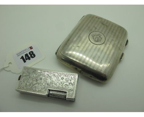 A Decorative Lighter, stamped "Austria", 5.7cm high; together with a hallmarked silver cigarette case, engine turned and init