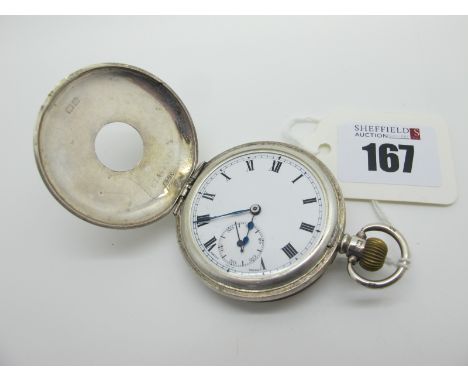 A Hallmarked Silver Cased Half Hunter Pocketwatch, the white dial with black Roman numerals and seconds subsidiary dial, with