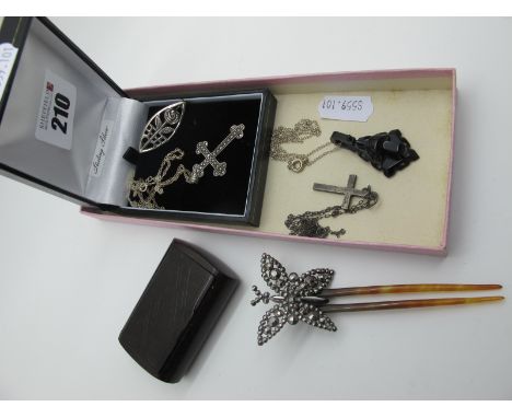 A Decorative XIX Century Cut Steel Butterfly Hair Ornament, a marcasite set cross pendant, a Victorian jet style pendant, a b