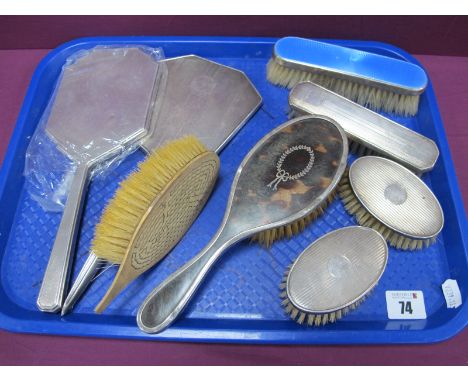 Hallmarked Silver Backed Hand Mirrors, a pique work brush, pair of small hallmarked silver backed brushes, hallmarked silver 