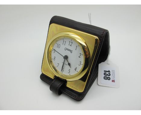 A Modern Hallmarked Silver Gilt Mounted Travelling Clock, Carrs of Sheffield, within folding brown leather case. 