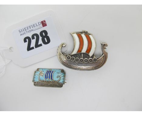 Ivar Holth; A Norwegian Enamel Viking Ship Brooch, the sail highlighted in white and orange, stamped "H" makers mark and "Ste