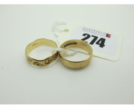 A Modern Patterned Wedding Band, stamped "375" (finger size O) (2.4grams); Together with A 9ct Gold Wedding Band, (finger siz