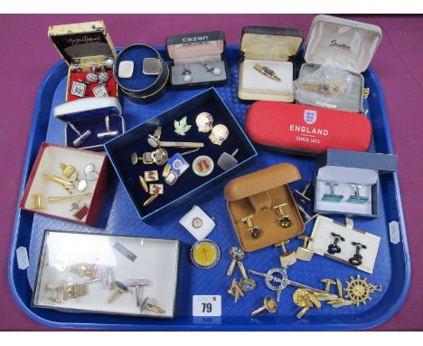 A Collection of Assorted Cufflinks, enamel badges "Derbyshire Area N.U.M. Strike 1984-5", tie slides etc :- One Tray 