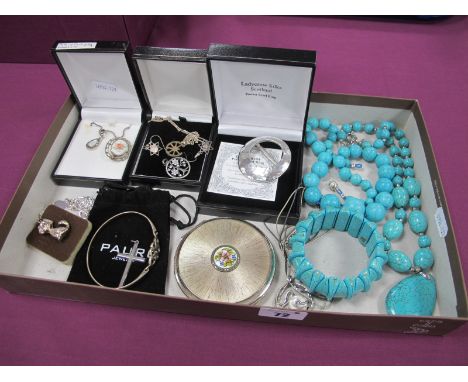 Modern "925" Pendant on Three Row Chain, Stratton powder compact, openwork bangle stamped "925", pendants, bead necklaces, et