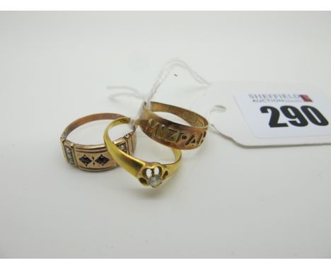 An Antique Ring, with seed pearl highlights (finger size M); a 22ct gold single stone ring and a 9ct gold Mizpah ring (finger