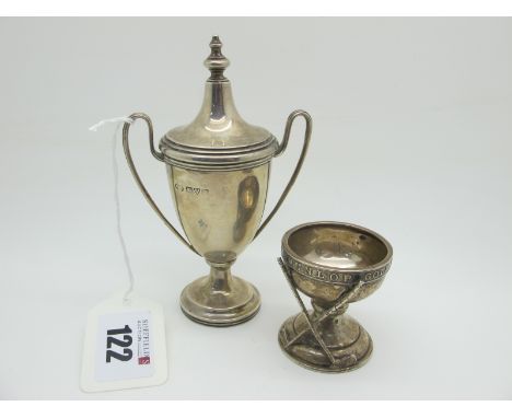 A Chester Hallmarked Silver Miniature Twin Handled Lidded Trophy Cup, (marks rubbed) 12.5cm high; together with a hallmarked 