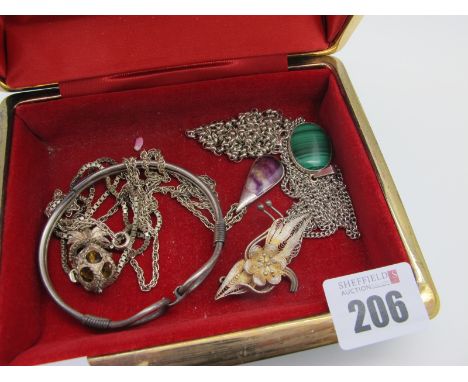 A Modern Blue John Pendant, on a chain; together with a malachite pendant on chain, a modern bangle, stamped "Sterling 925",f