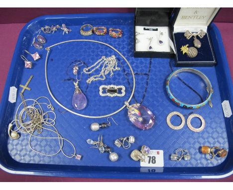 925 and Other Pendants, costume earrings, dress ring, enamel hinged bangle, brooches etc :- One Tray