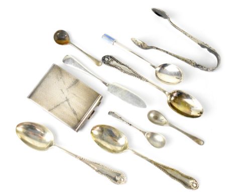 A quantity of silver items to include a George V hallmarked silver card case with engine turned decoration, maker's mark indi