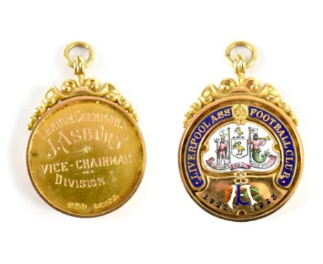 LIVERPOOL FOOTBALL CLUB; a rare 15ct yellow gold and enamel decorated medal for the 1922-1923 Division I League Championship,