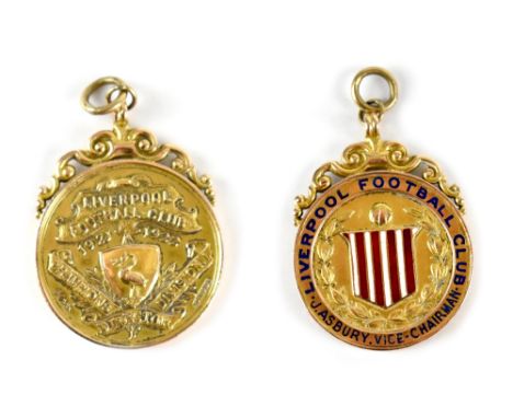 LIVERPOOL FOOTBALL CLUB; a rare 15ct gold and enamel decorated medal for the 1921-1922 League I Champions, awarded to J Asbur