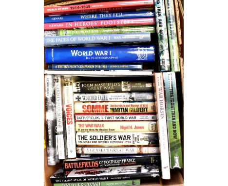Two boxes of books relating to WWI to include 'Where They Fell', 'In Heroes' Footsteps', 'The Faces of World War One', 'World