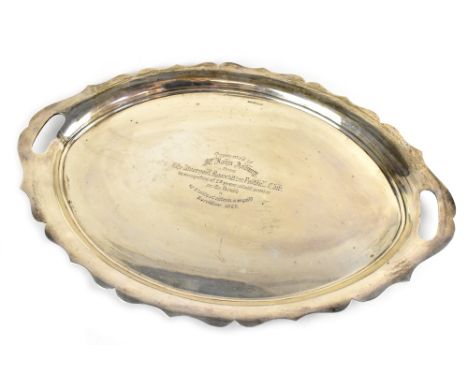 LIVERPOOL FOOTBALL CLUB; a George V hallmarked silver twin-handled tray, inscribed 'Presented to John Asbury from The Liverpo