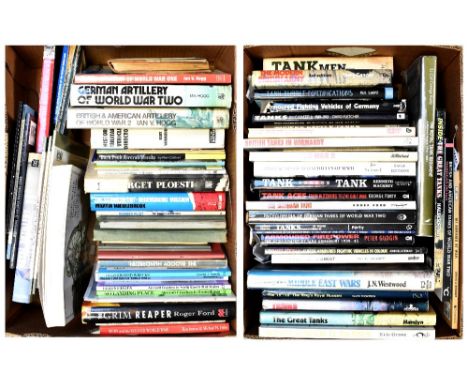 Two boxes of books and guides relating to tank history, battles and encyclopaedias to include 'Tank Men', 'The Modern British