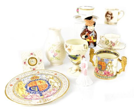 Various items of collectable ceramics to include a boxed Belleek 'Country Trellis' square clock, a boxed Belleek 'Summer Bria