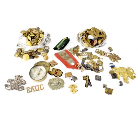 A quantity of mainly British military and naval buttons and various military cap badges to include The Rifles Regiment, Lanca