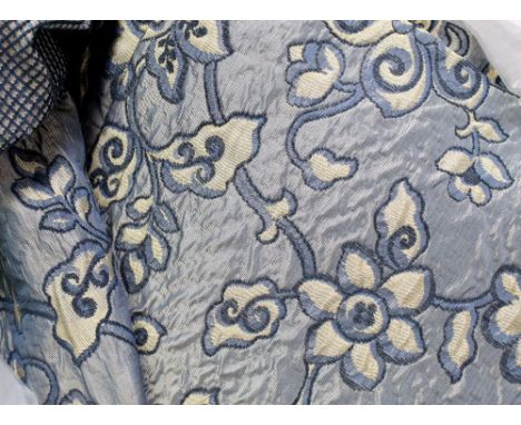 A quantity of curtains, silk satin-effect brocade, dark blue ground with cream floral decoration, various sizes, mainly 220cm