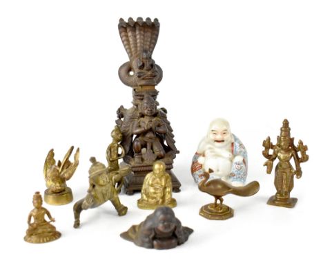 A late 19th/early 20th century copper alloy metal statue of Naga Kanya, with detachable deity under the five-headed serpent, 