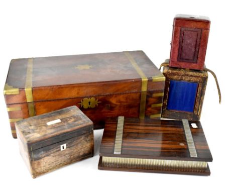 A Victorian mahogany brass-bound writing box (af), a 19th century two-section tea caddy (af), a white metal bound cigar box a