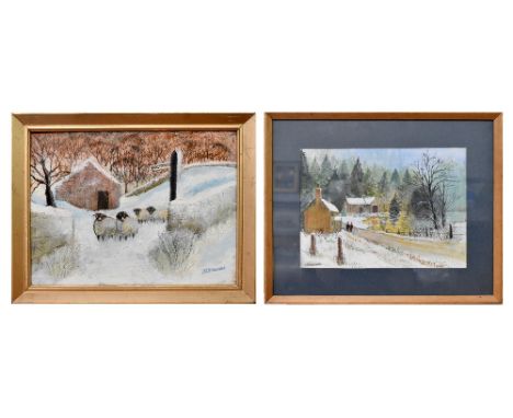 A L MANSER (British, 20th century); acrylic 'Waiting for a Feed', study of sheep in a snowy field, signed, titled verso, 28 x