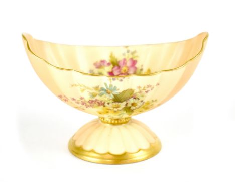 Royal Worcester; a floral hand painted blush shell vase on circular fluted base, green marks to the base, registration no.844