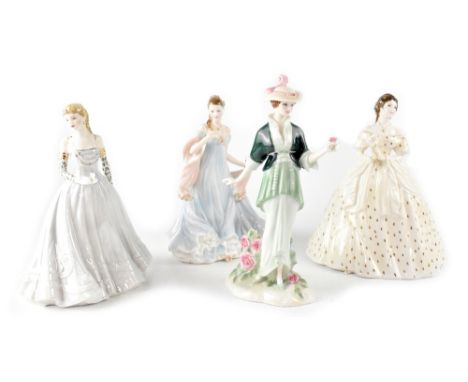 Four Royal Worcester figurines comprising 'Elizabeth', no.479/9500, height 24cm, 'Seasons of Romance', no.74/7500, height 26c
