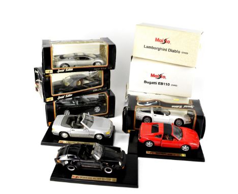 A collection of Maisto 1:18 scale collectors' diecast model cars to include Corvette ZR-1, Jaguar XJ 220,'BMW850i, Jaguar XK8