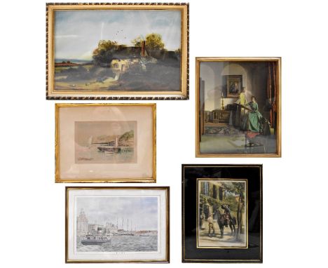UNATTRIBUTED; a pair of oils, idyllic country scenes, 28 x 43cm, Henry G Walker; a pair of original etchings 'Lynmouth Beach'