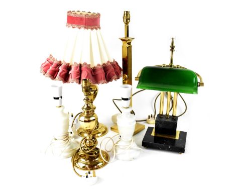 Six various table lamps to include a pair of modern alabaster-type examples and a green glass desk lamp (6).