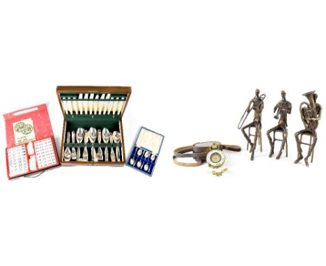 A mixed lot comprising three cast metal figures of brass musicians, signed 'Kim B', a cased set of six Apostle spoons, a case