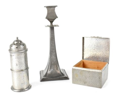 A hammered pewter cedar-lined trinket box and a similar sugar caster, both by Howard Pewter and a hammered pewter candlestick