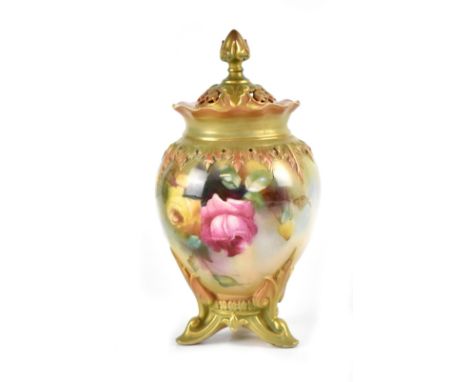 Royal Worcester; a signed Mabel Lander potpourri hand painted with roses and gilt-heightened, to a tripartite acanthus leaf s