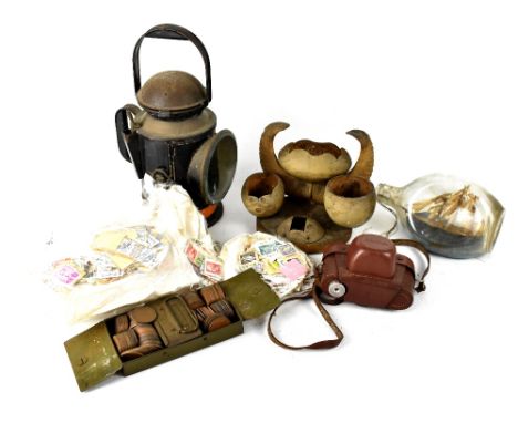 A varied collectors' lot to include a Kenyon British Rail railwayman's lamp, a cased Halina camera, a quantity of various wor