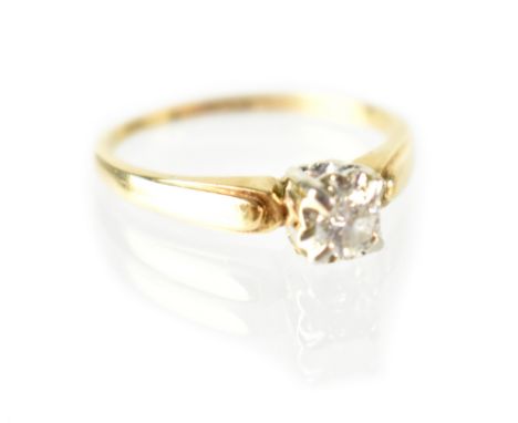 A 14k gold diamond solitaire ring, the prong set diamond approx 0.25ct, on 14k yellow gold shank, size O, approx 2.7g.