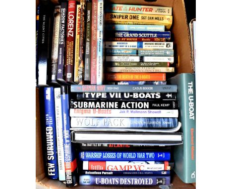 Two boxes of books relating mostly to U-Boats and submarines to include 'U-Boat Ace', 'Shipping Company Losses of the Second 