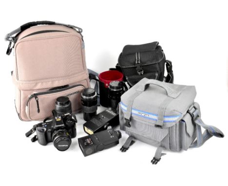 Various photographic related equipment to include an Olympus OM101 Power Focus camera with Olympus carrying case, a Vivitar P