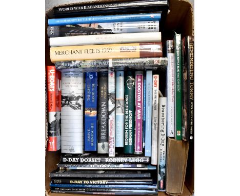 Two boxes of books relating to war to include 'Spearheading D-Day', 'D-Day: The First 24 Hours', 'Operation Overlord', 'Panze