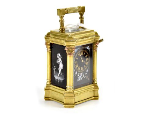 Henri Jacot; a late 19th century Paris France miniature gilt brass carriage clock, Corinthian column supports with enamelled 
