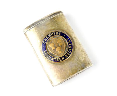 A hallmarked silver sliding match box/vesta case, bearing insignia for the Cheshire Volunteer Regiment, William Hair Haseler,