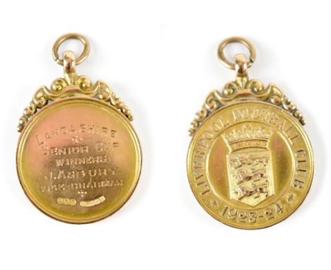 LIVERPOOL FOOTBALL CLUB; a 9ct yellow gold medal awarded to J Asbury, Vice-Chairman, Lancashire Senior Cup Winners 1923-24, d