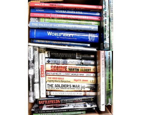 Two boxes of books relating to WWII and later to include 'The Atlantic Wall: History and Guide', 'The Forts and Fortification