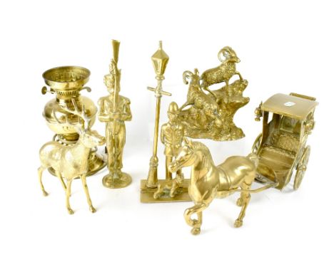 A quantity of mainly brassware to include oil lamp (lacking glass shade), ornamental figures, horse pulling a carriage, Londo